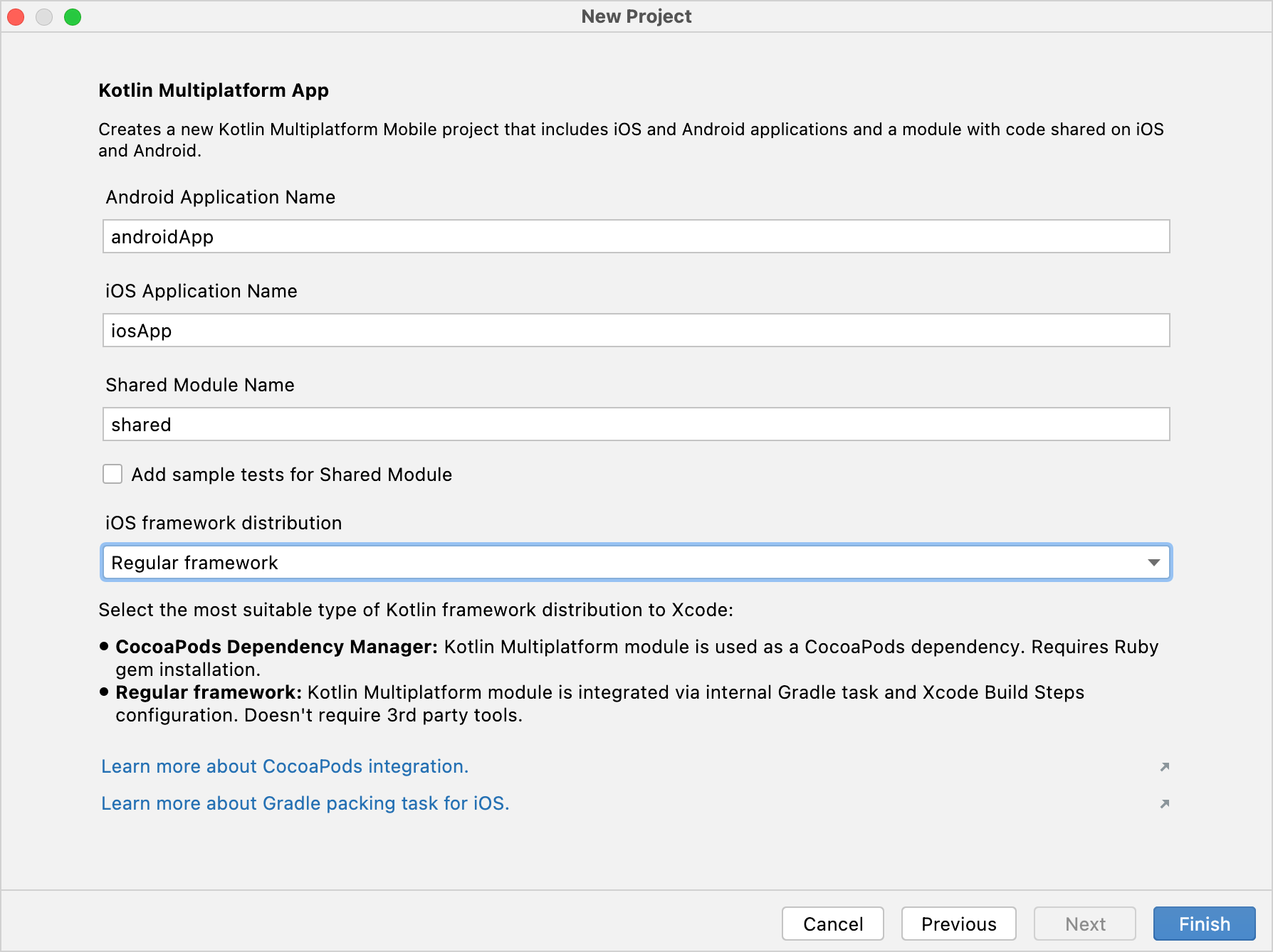 Kotlin Multiplatform Mobile plugin wizard. Final step